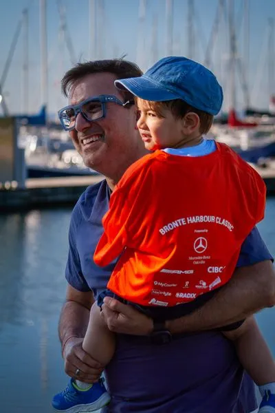 Bronte Harbour Classic 5K 2026 official race photo: Kids 1K, Bib 1, Mercedes-Benz Oakville, CIBC, RadixGym, MyCourier, Kids Area.